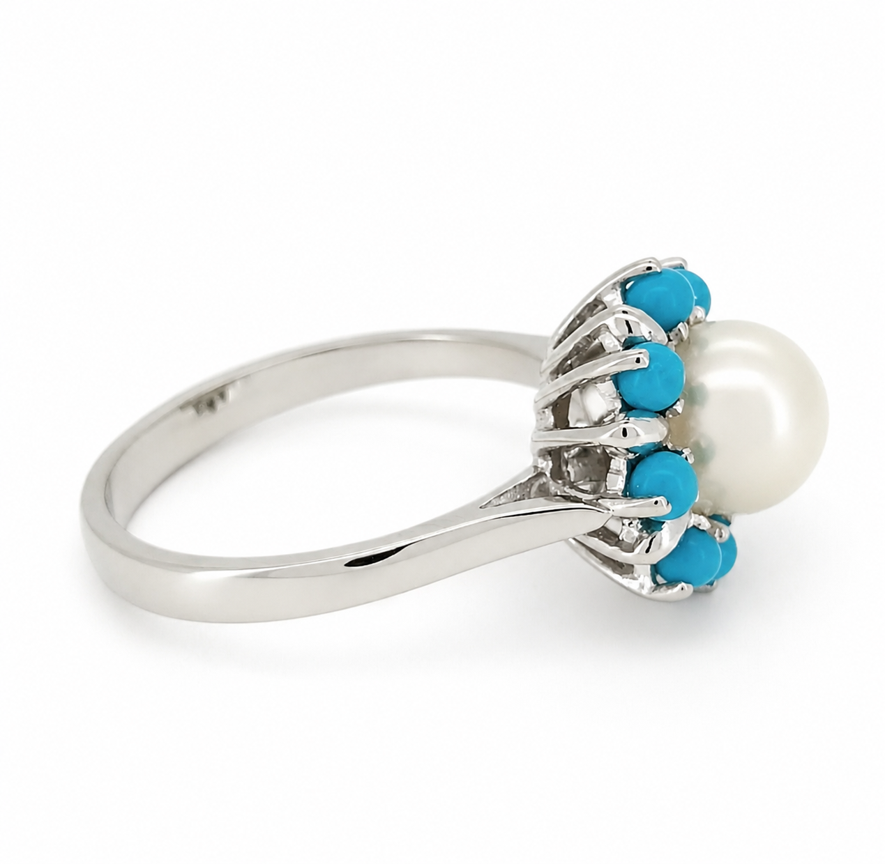 Anello - 18 carati Oro bianco Turchese - Perla - Made in Italy - Handmade