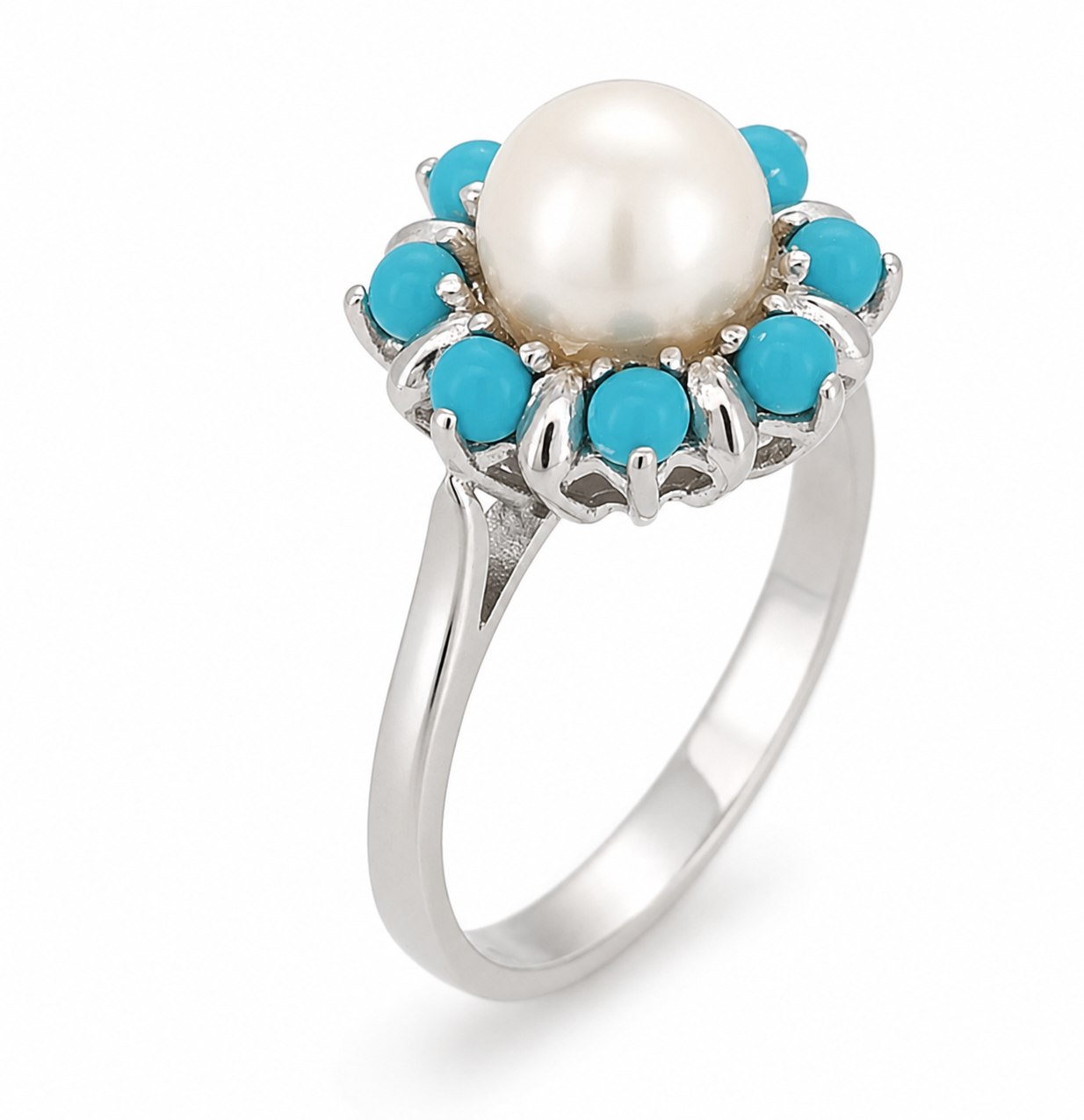 Anello - 18 carati Oro bianco Turchese - Perla - Made in Italy - Handmade