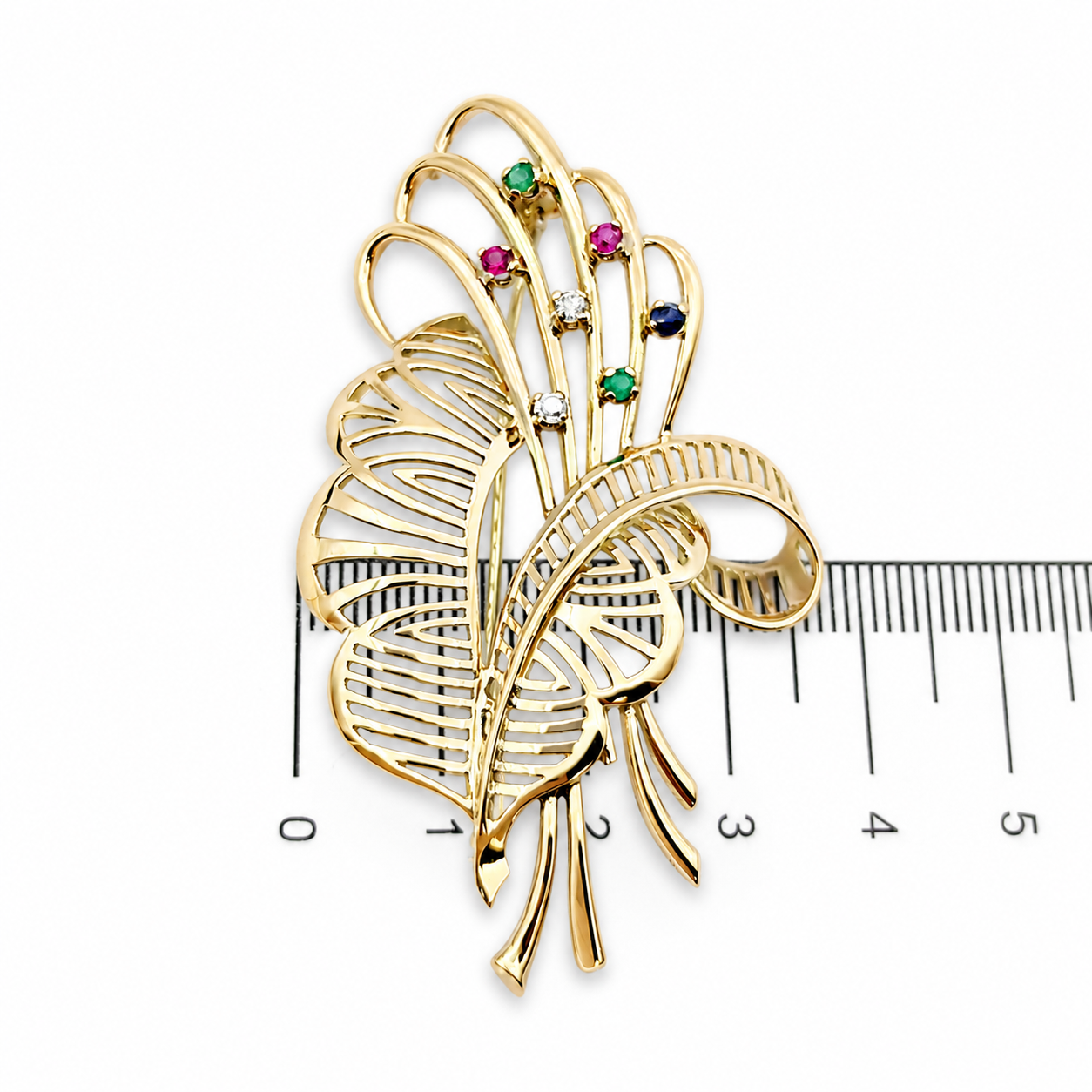 Spilla - 14 carati Oro giallo, Zaffiri - Smeraldi - Rubini - Diamanti - 0.40ct. tw. - Made in Italy - Handmade