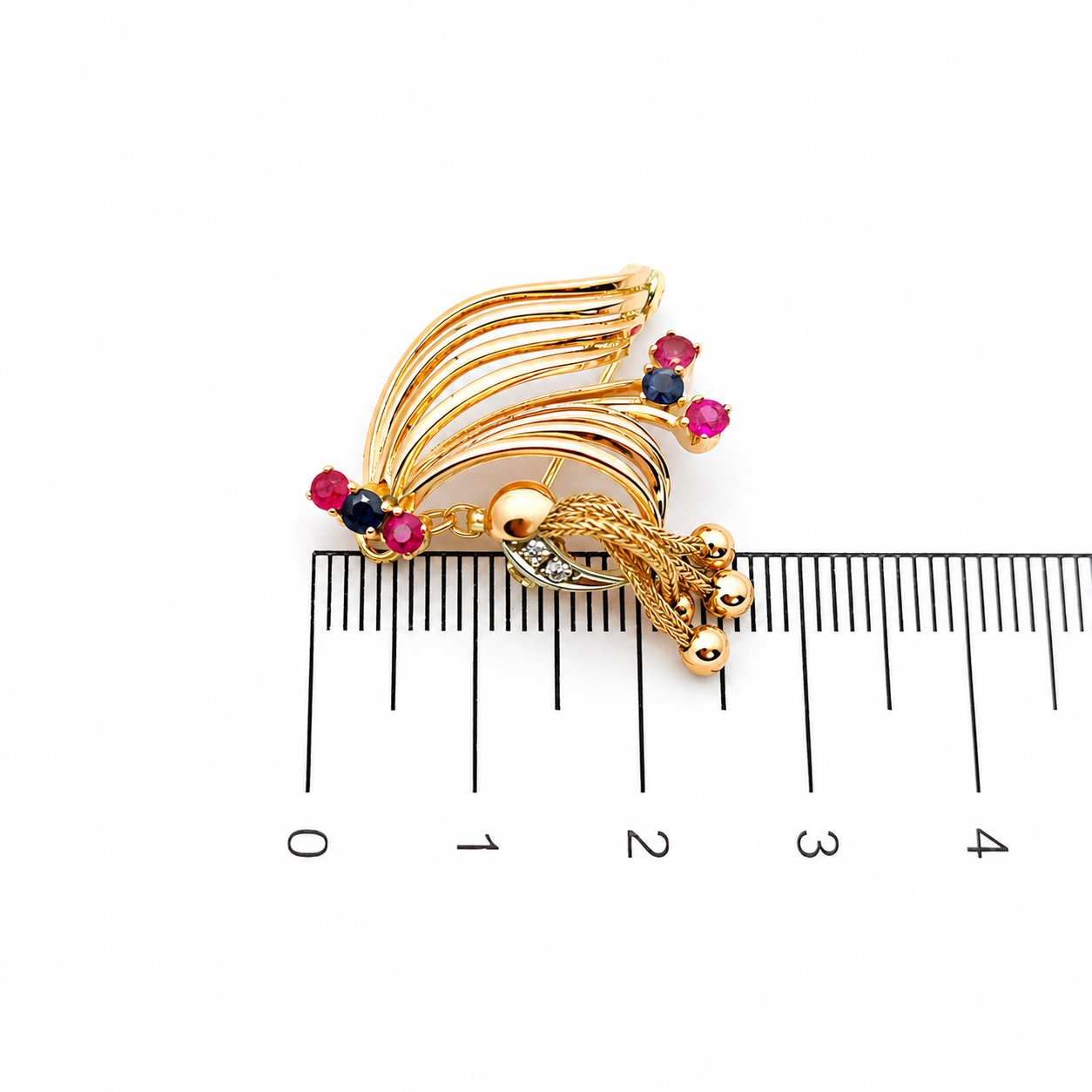 Spilla - 14 carati Oro giallo, Zaffiri - Rubini - Diamanti - 0.35ct. tw. - Made in Italy - Handmade