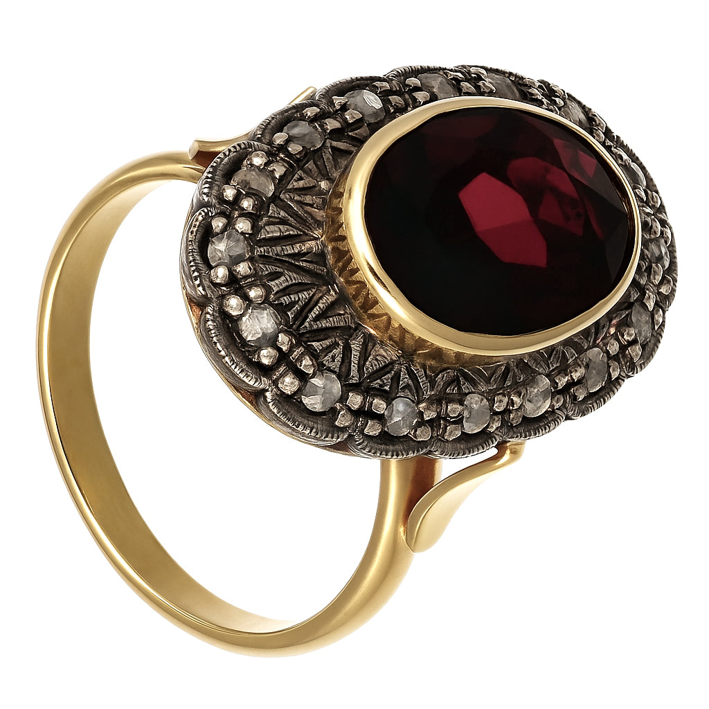 Anello in Oro giallo 14 carati e Argento 800 - Granato  Diamanti