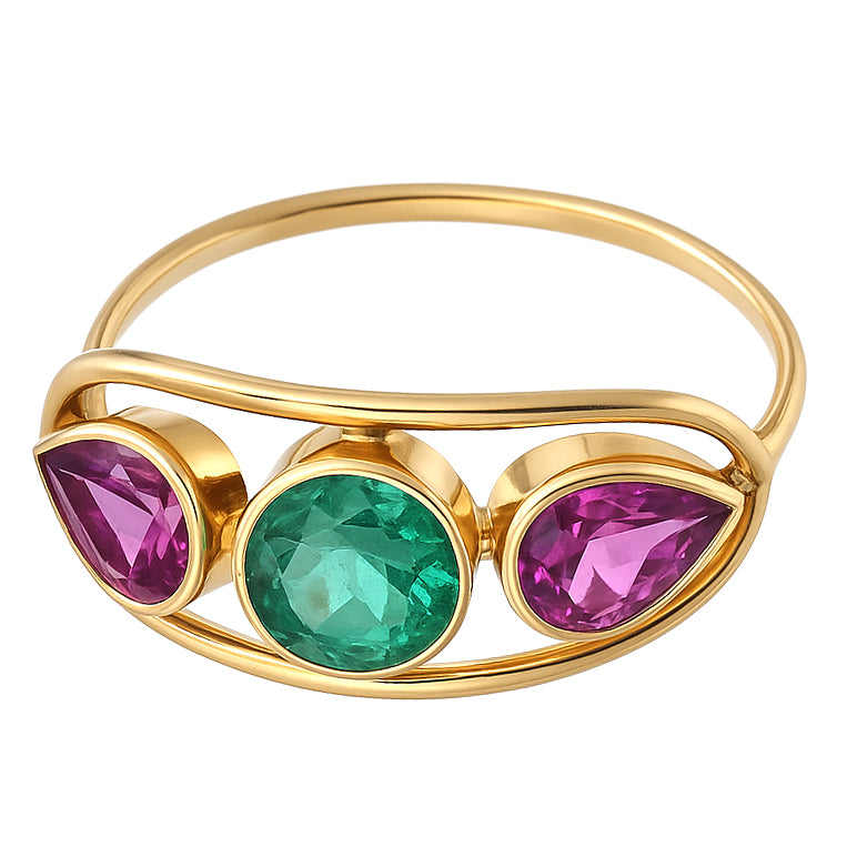 Anello - 18 carati Oro giallo - 1.00ct. tw. Smeraldo - Rubino