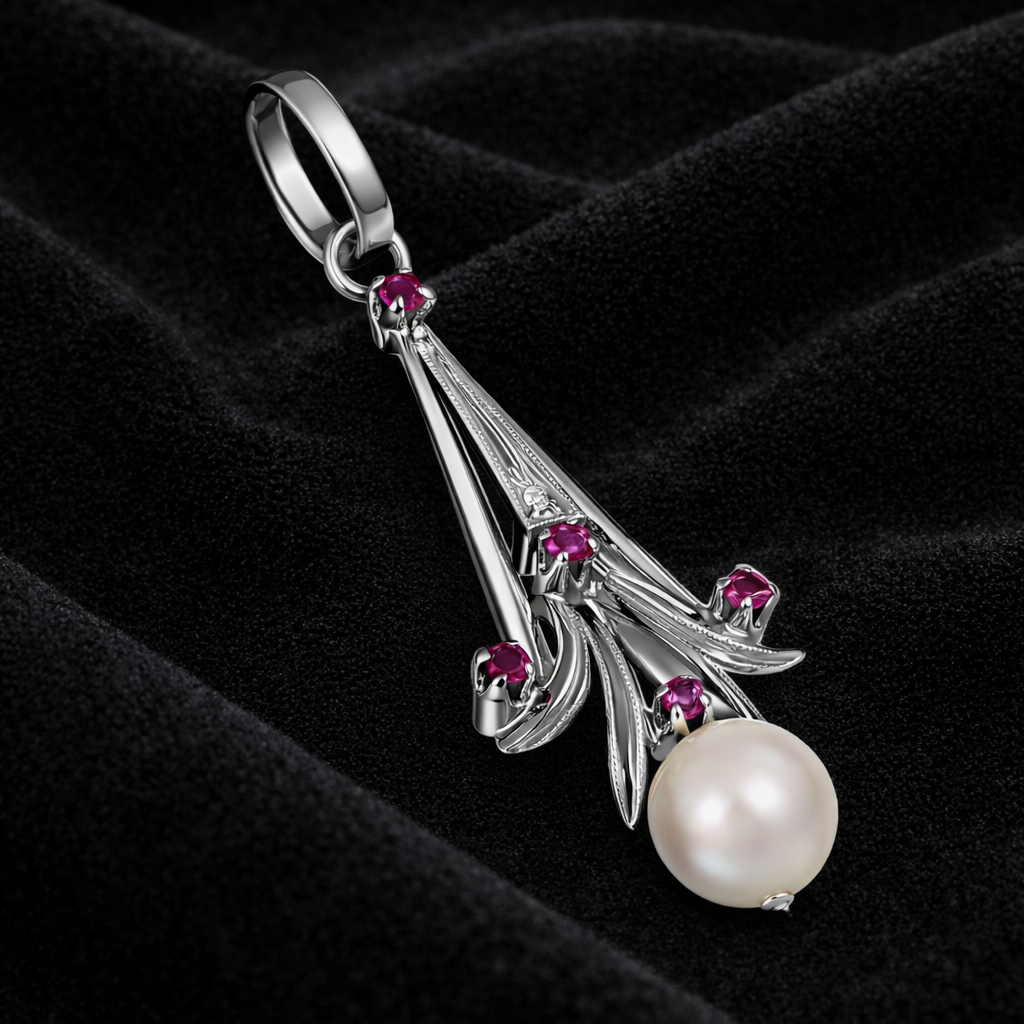 Ciondolo - 18 carati Oro bianco - 0.13ct. tw. Rubino - Diamante - Perla Akoya