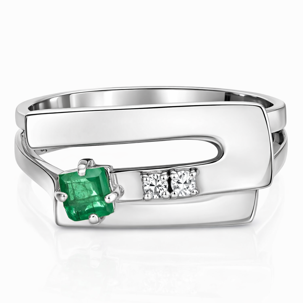 Anello - 18 carati Oro bianco - 0.24ct. tw. Smeraldo - Diamante