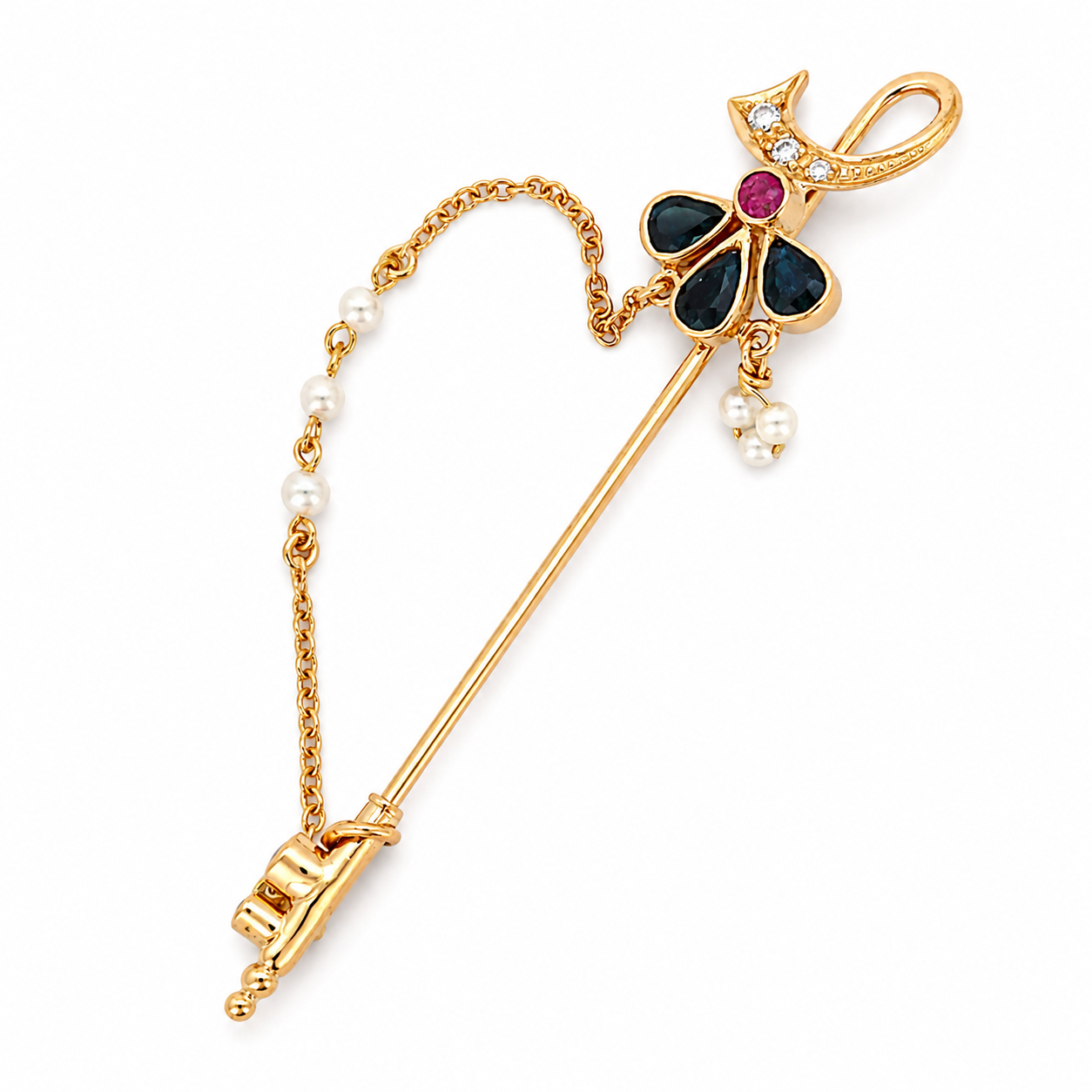 CT MANCANTI - Spilla - 18 carati Oro giallo, Rubini Zaffiro - Diamante - Made in Italy - Handmade