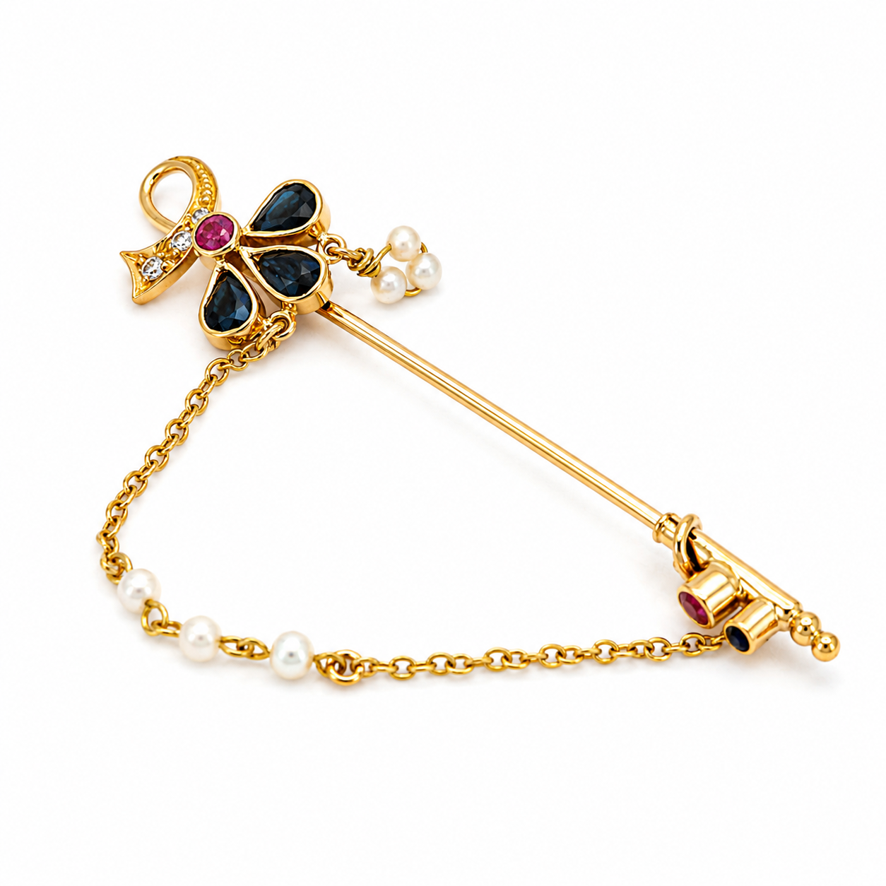 CT MANCANTI - Spilla - 18 carati Oro giallo, Rubini Zaffiro - Diamante - Made in Italy - Handmade