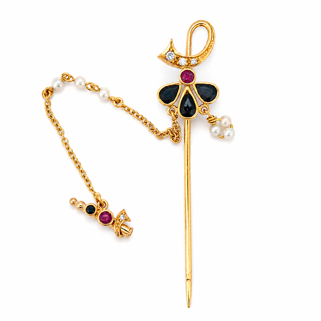 CT MANCANTI - Spilla - 18 carati Oro giallo, Rubini Zaffiro - Diamante - Made in Italy - Handmade