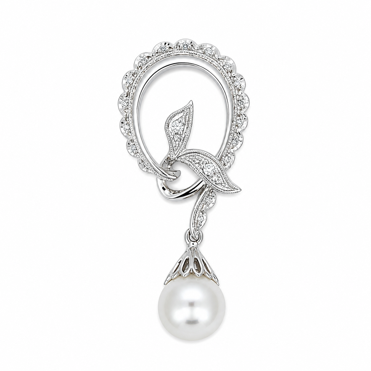 Ciondolo - 18 carati Oro bianco - 0.04ct. tw. Diamante (Naturale) - Perla - Perla Akoya Made in Italy
