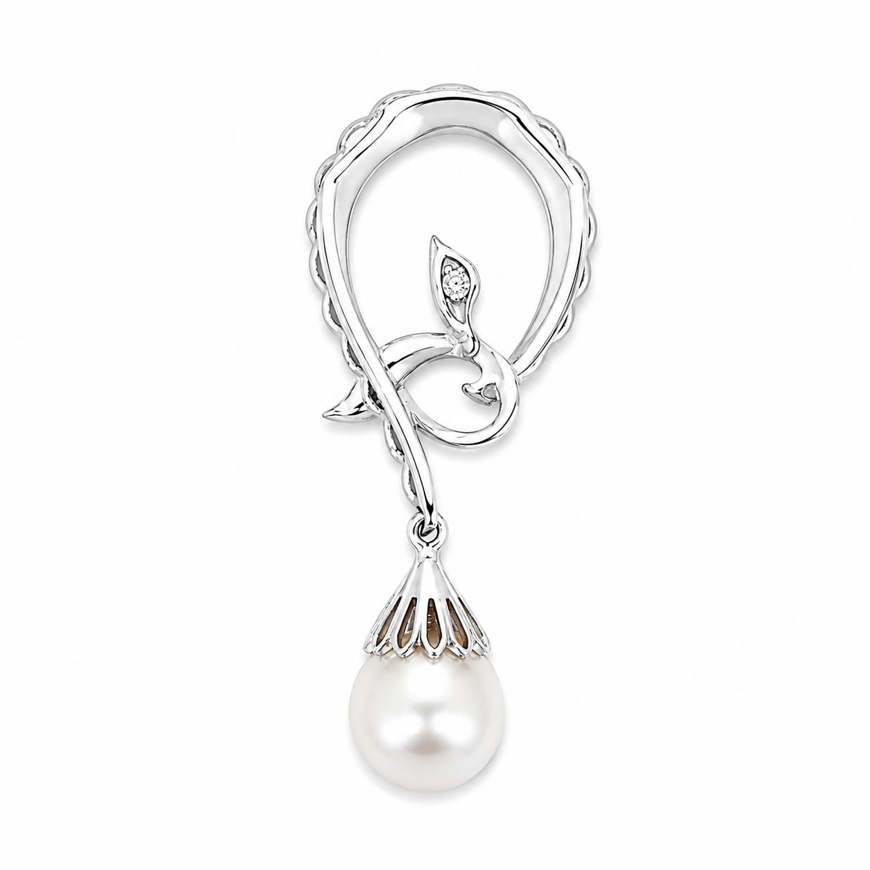 Ciondolo - 18 carati Oro bianco - 0.04ct. tw. Diamante (Naturale) - Perla - Perla Akoya Made in Italy