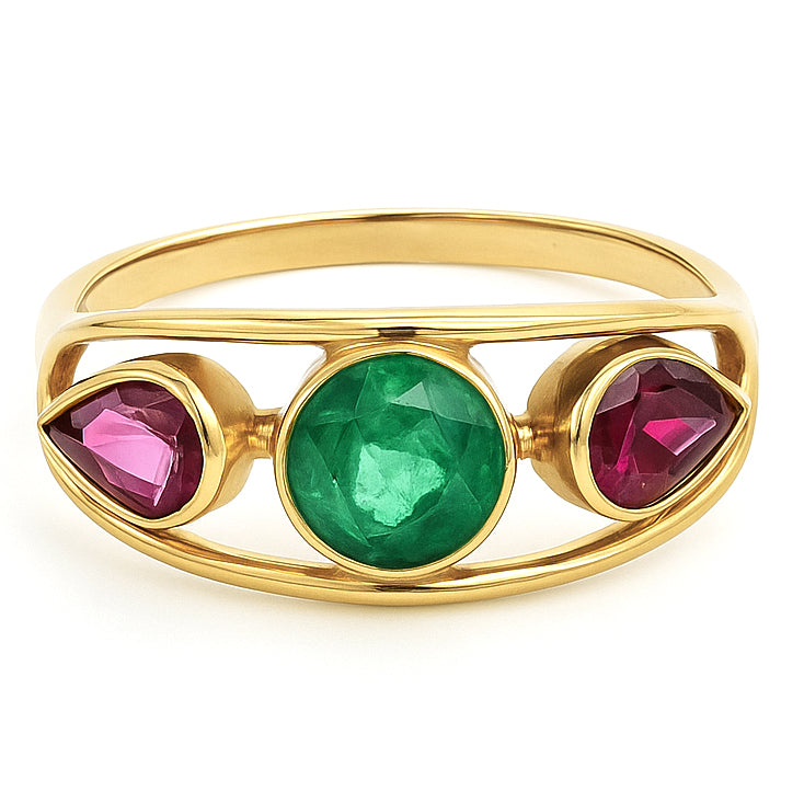Anello - 18 carati Oro giallo - 1.00ct. tw. Smeraldo - Rubino