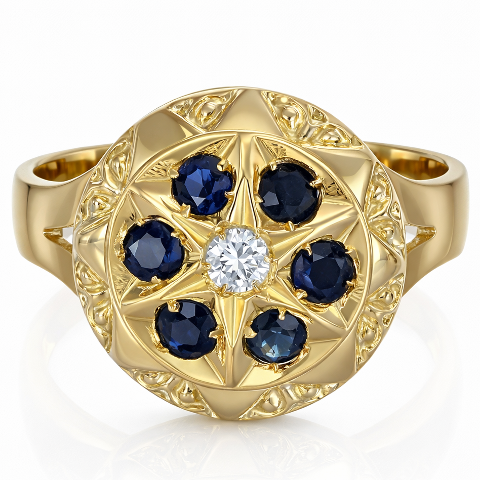 Anello in Oro Giallo , &nbsp;18 carati con n 1 Diamanti da 0.03 ct &nbsp;zaffiro 6 da 0.03 Ct tot 0.18