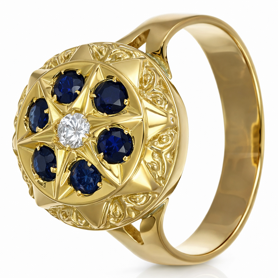 Anello in Oro Giallo , &nbsp;18 carati con n 1 Diamanti da 0.03 ct &nbsp;zaffiro 6 da 0.03 Ct tot 0.18