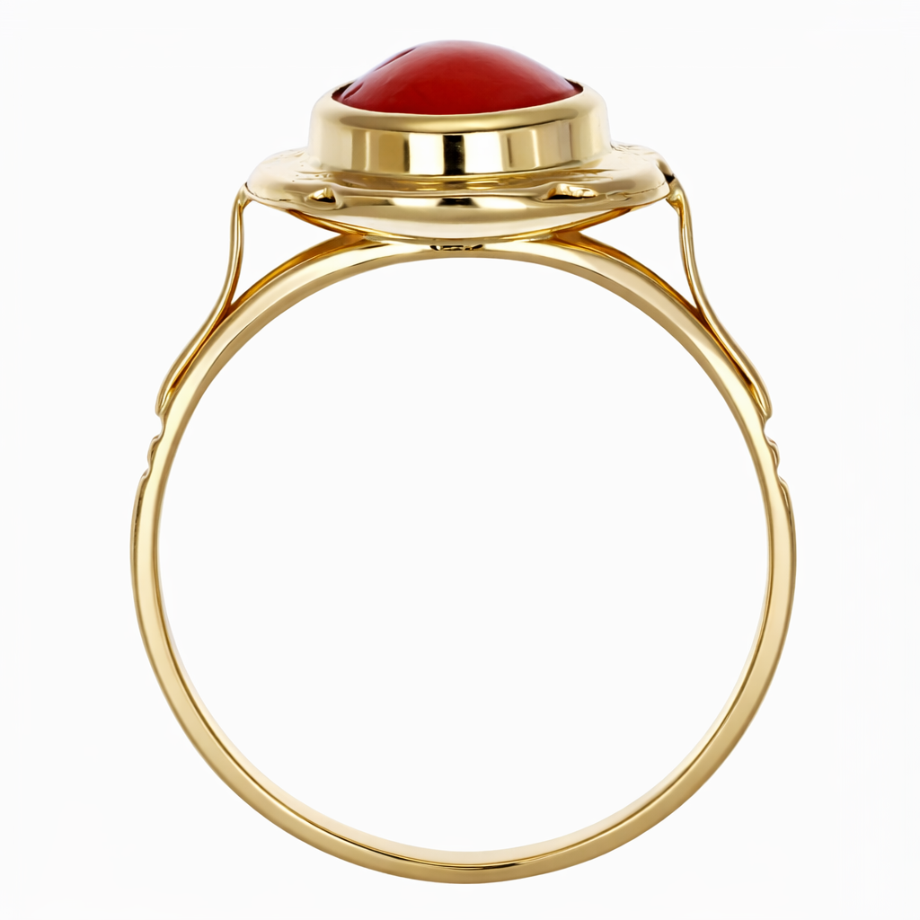 Anello da donna in oro giallo 18 carati con corallo centrale di forma ovale