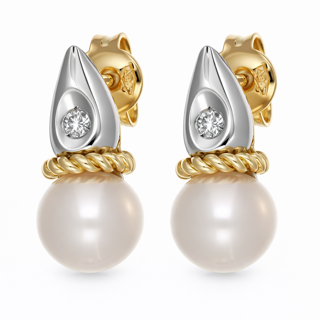 Elegante paio di orecchini da donna in oro giallo e oro bianco 18 carati con perla coltivata Akoya e diamante