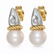 Elegante paio di orecchini da donna in oro giallo e oro bianco 18 carati con perla coltivata Akoya e diamante