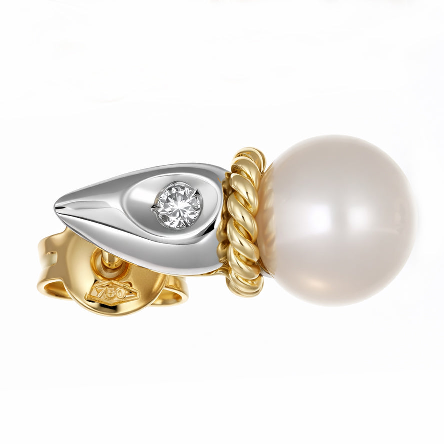 Elegante paio di orecchini da donna in oro giallo e oro bianco 18 carati con perla coltivata Akoya e diamante