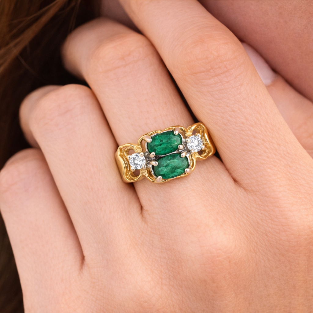 Anello - 18 carati Oro giallo - 1.20ct. tw. Smeraldo - Diamante