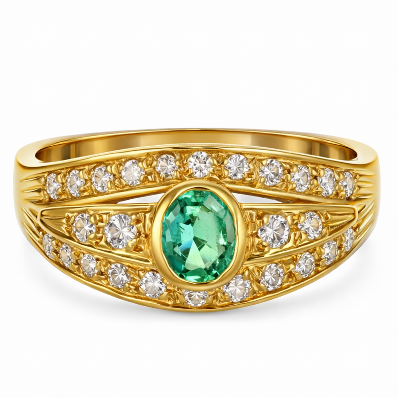 Anello - 18 carati Oro giallo - 0.89ct. tw. Smeraldo - Diamante