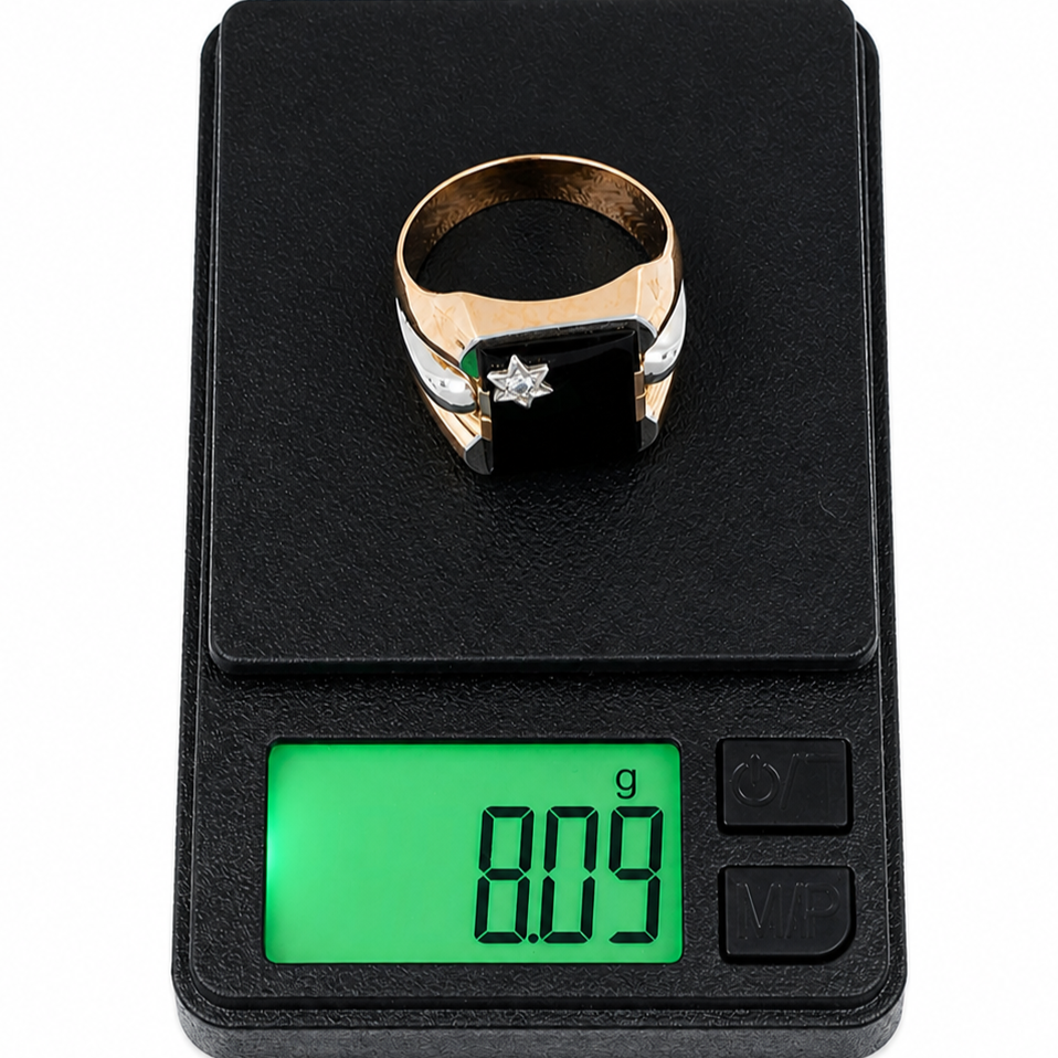 Anello - 18 carati Oro giallo, Oro bianco Onice - Diamante - Made in Italy - Handmade