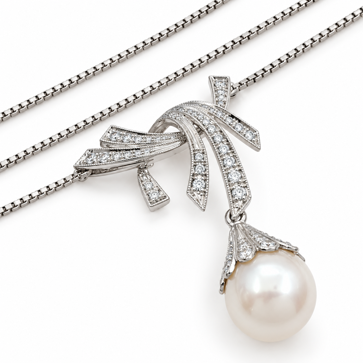 Collana - 18 carati Oro bianco Perla - Diamante - Made in Italy - Handmade