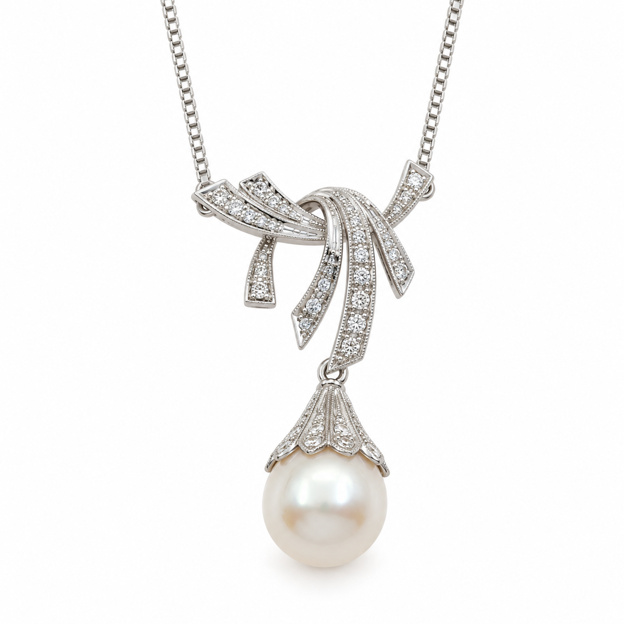 Collana - 18 carati Oro bianco Perla - Diamante - Made in Italy - Handmade