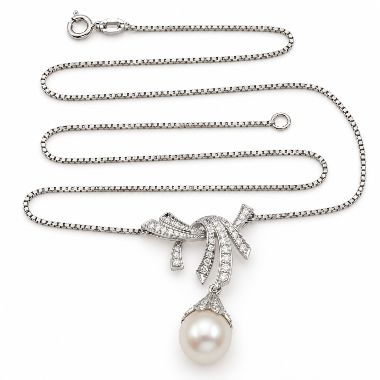 Collana - 18 carati Oro bianco Perla - Diamante - Made in Italy - Handmade