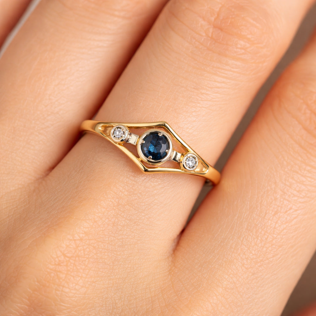 Anello - 18 carati Oro giallo, Oro bianco - 0.12ct. tw. Zaffiro - Diamante