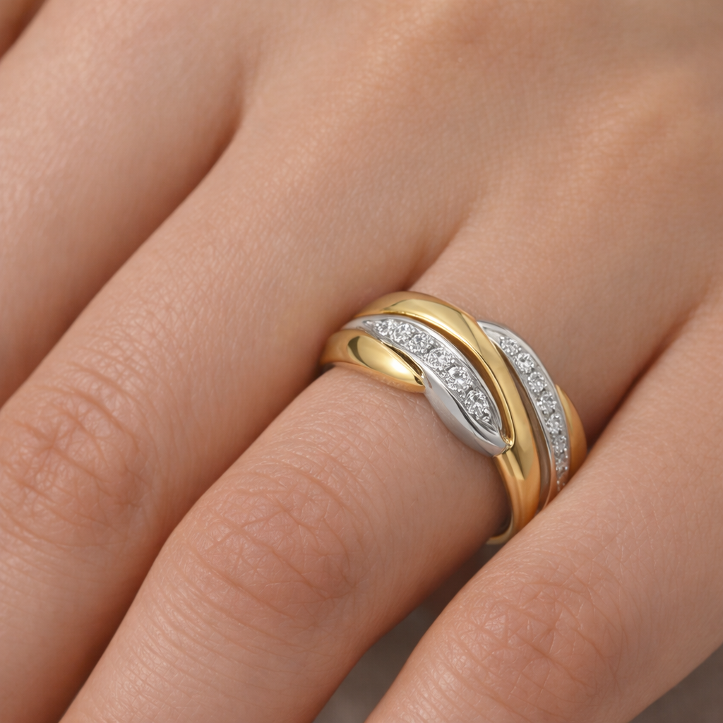 Anello - 18 carati Oro giallo, Oro bianco - 0.08ct. tw. Diamante (Naturale)