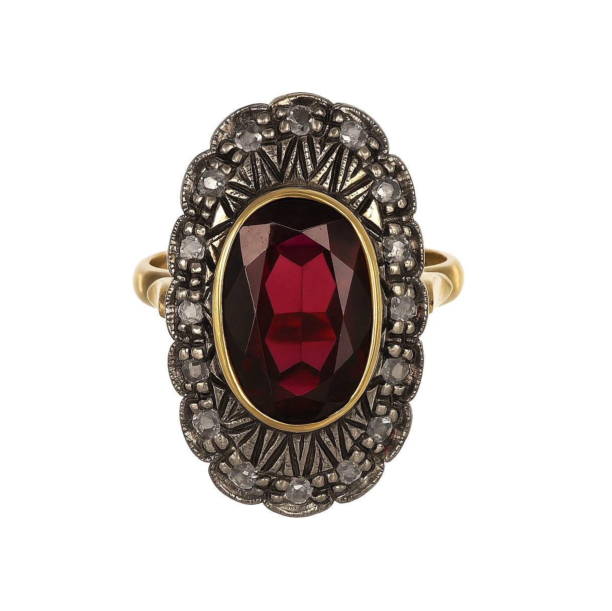 Anello in Oro giallo 14 carati e Argento 800 - Granato  Diamanti