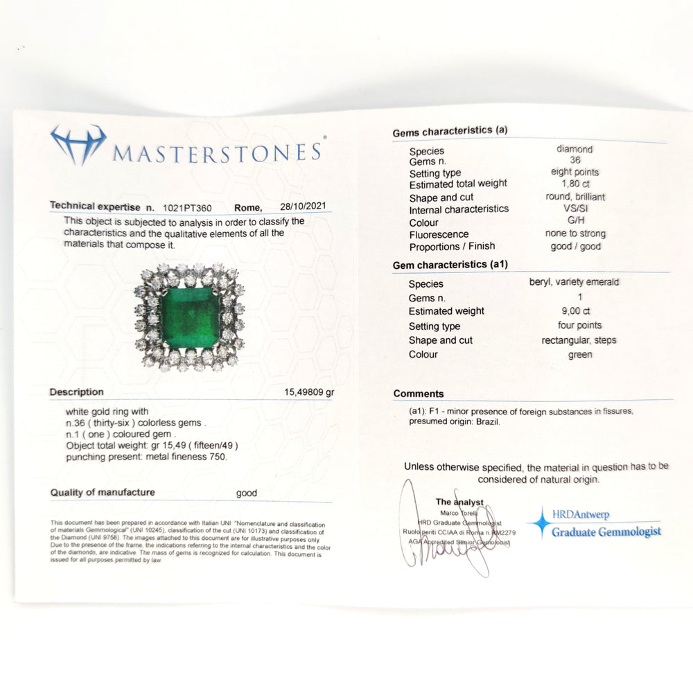 18 carati Oro bianco - Anello - 9.00 ct Smeraldo - Ct 1.80 Diamanti - Masterstones n 1021PT60