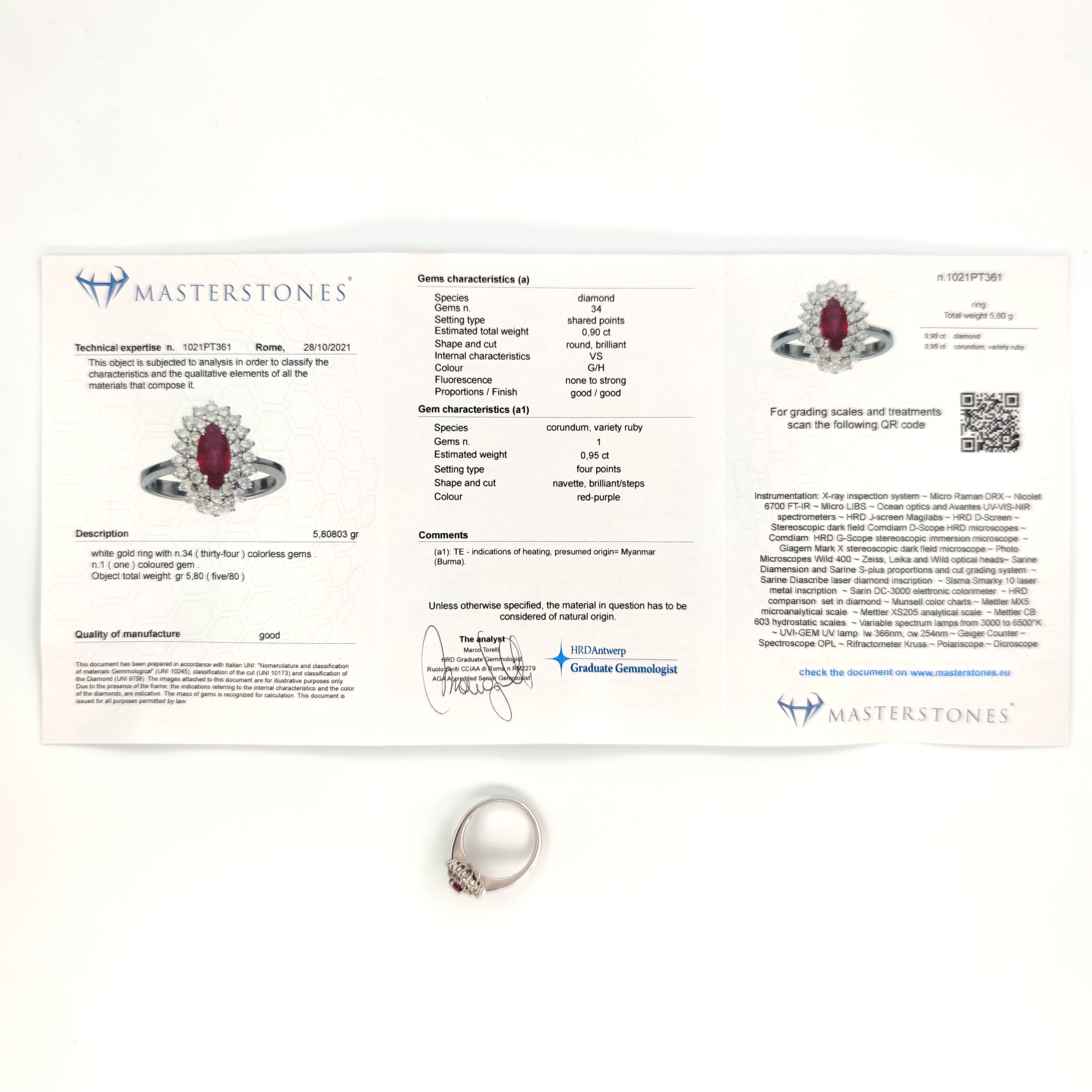 Anello - 18 carati Oro bianco - 0.90ct. tw. Diamante (Naturale) - Rubino