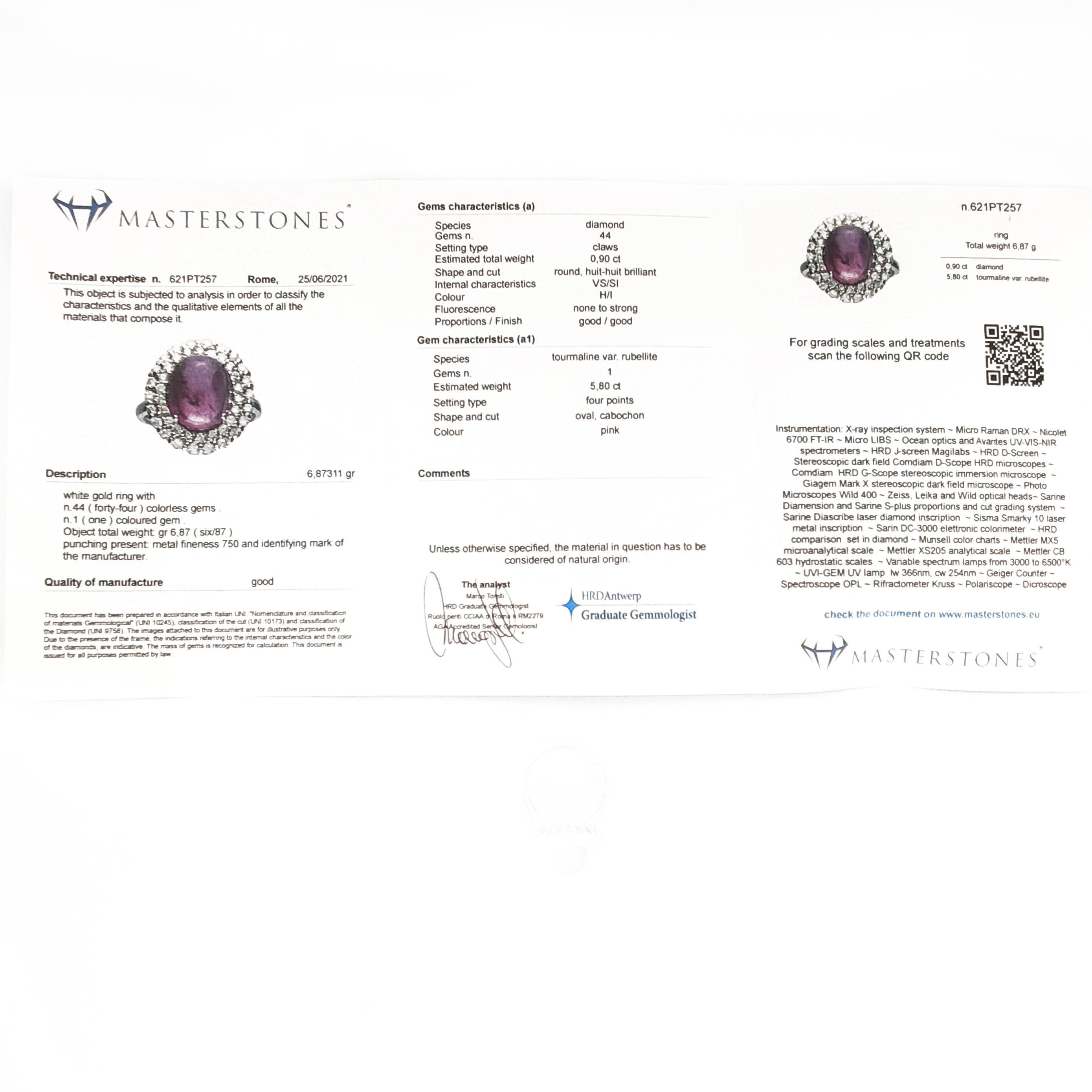 Anello - 18 carati Oro bianco - 0.90ct. tw. Diamante (Naturale) - Tormalina