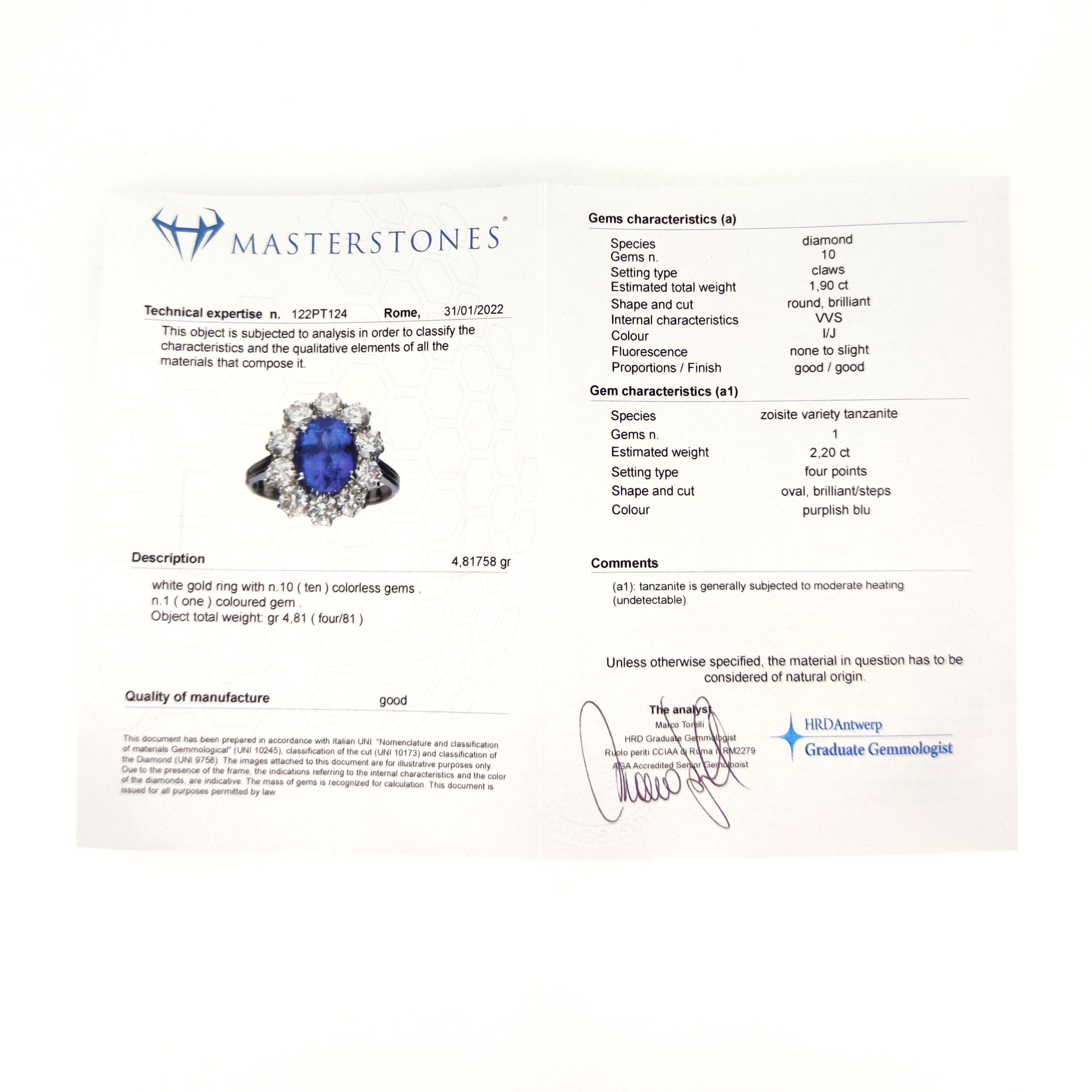 Anello - 18 carati Oro bianco - 4.10ct. tw. Tanzanite - Diamante