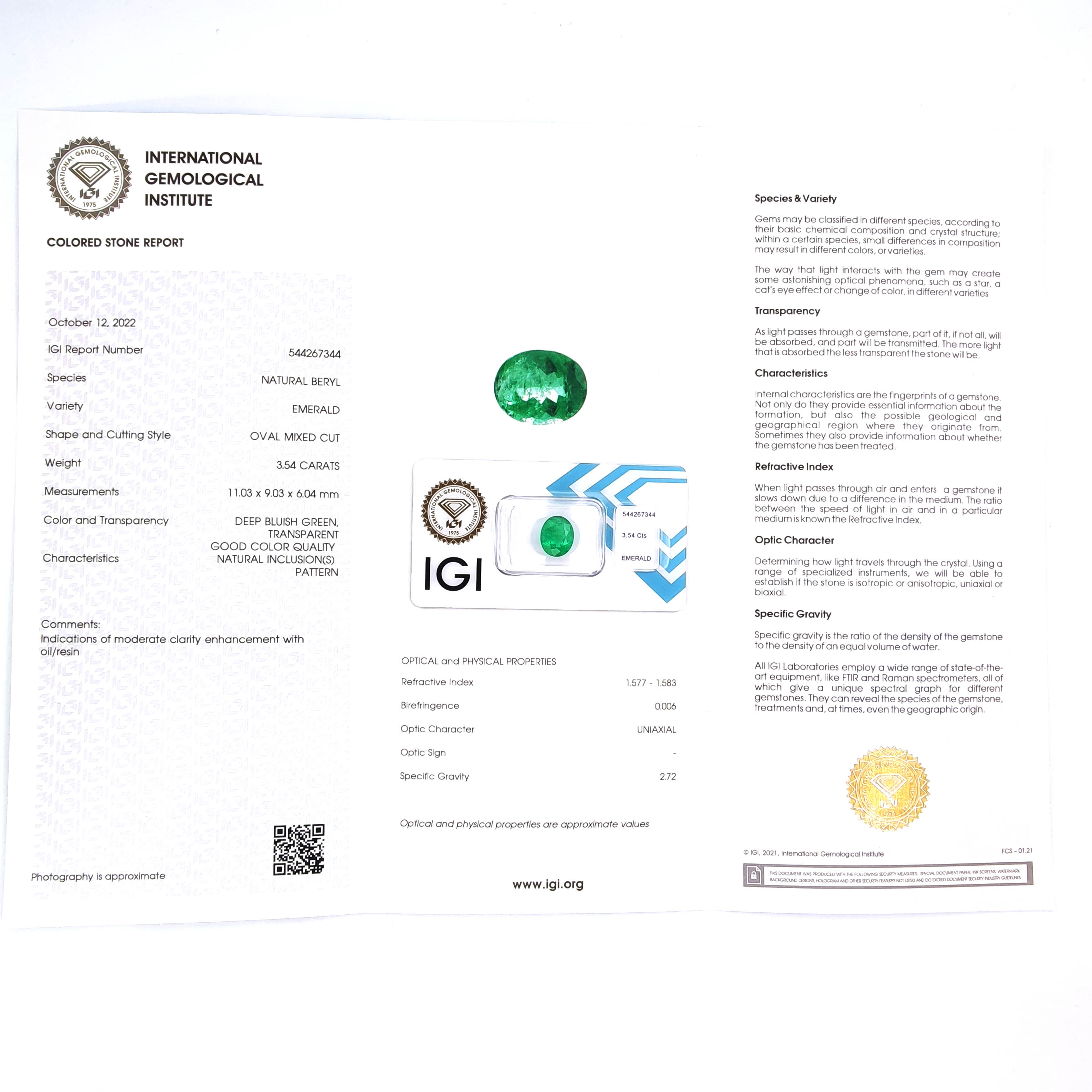 1 pcs Verde Smeraldo - 3.54 ct - Istituto Gemmologico Italiano (IGI)