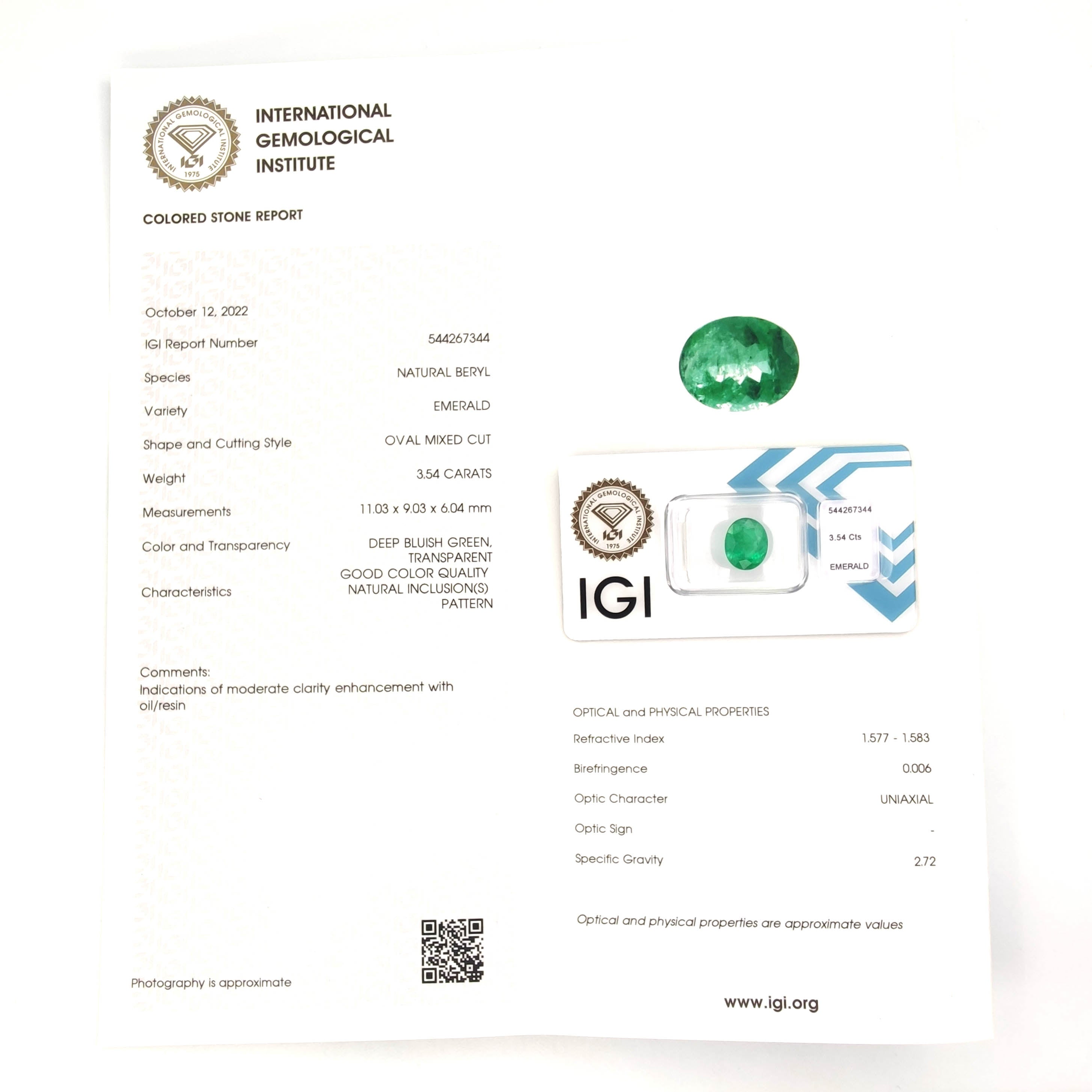 1 pcs Verde Smeraldo - 3.54 ct - Istituto Gemmologico Italiano (IGI)