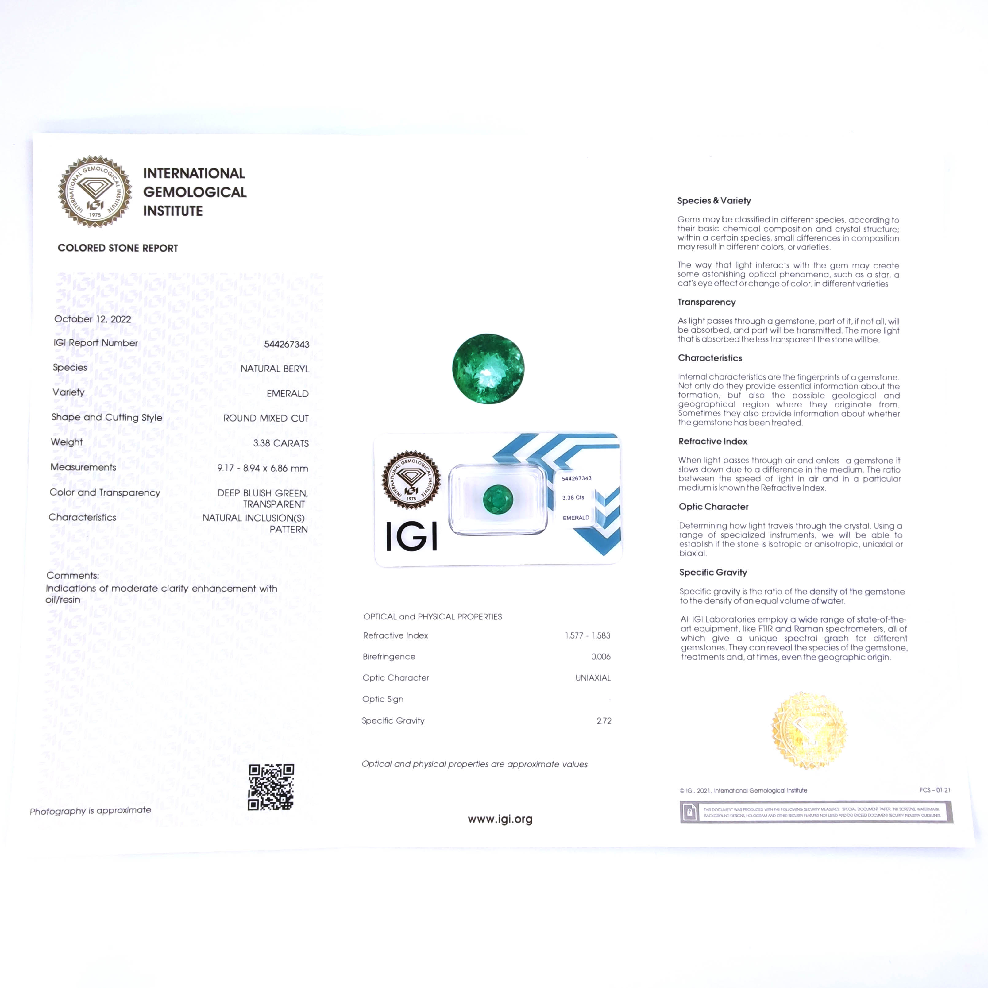 1 pcs Verde Smeraldo - 3.38 ct - Istituto Gemmologico Italiano (IGI)