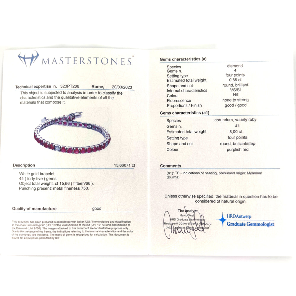 18 carati Oro bianco - Bracciale - Ct 0.65 Diamanti - Masterstones n 323PT206 -Rubini Myanmar ( Burma ) - 8.00 Ct tot