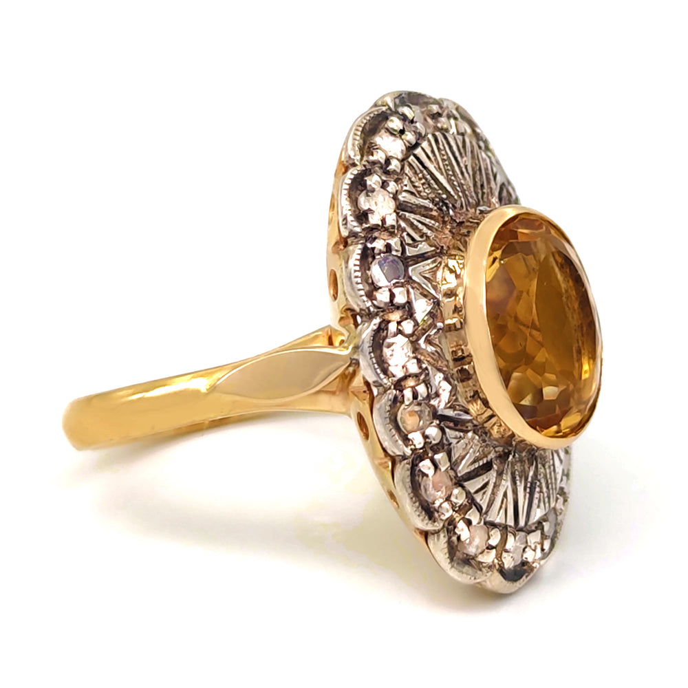14 carati  Oro giallo, Argento 925- Anello - Quarzo- Diamanti