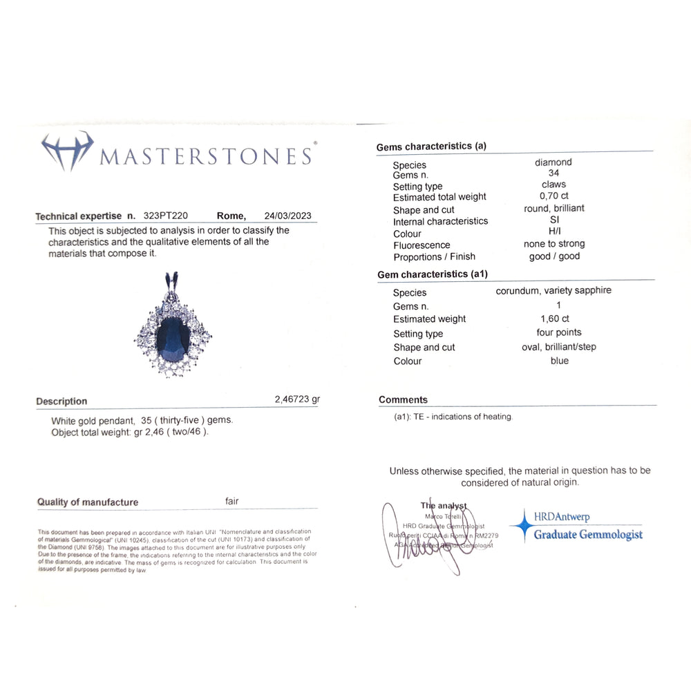 18 carati Oro bianco - Pendente - 1.60 ct Zaffiro - Ct 0.70 Diamanti - Masterstones 323PT220