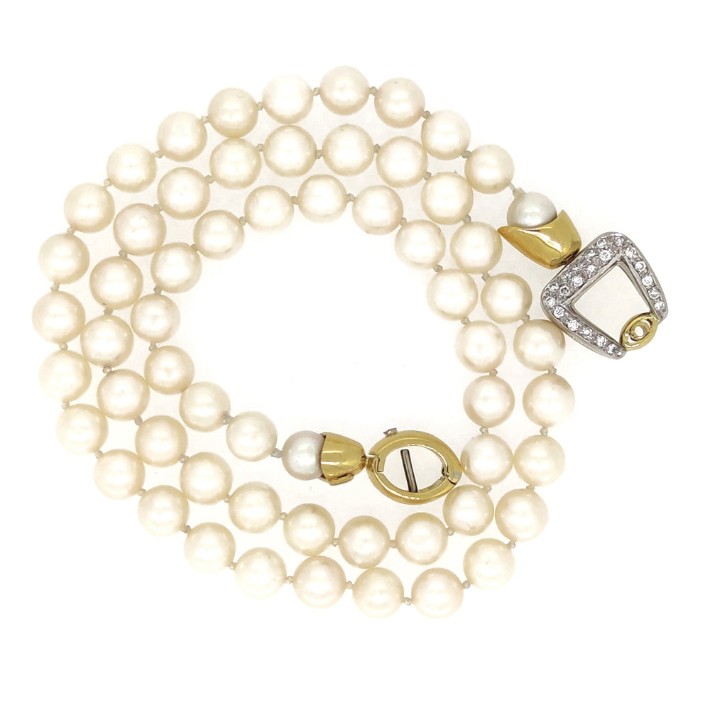 18 carati Oro Giallo Oro Bianco - Collana girocollo - 0.33 ct Diamante - Perle Akoya 6.57 mm
