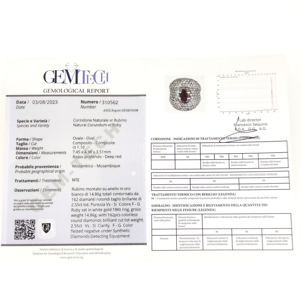 18 carati Oro bianco - Anello - 2.55 ct - Ct 1.10 Ruby Pigeon Blood Mozambico - AIGS N. GF20070108 - GEM TECH 310562