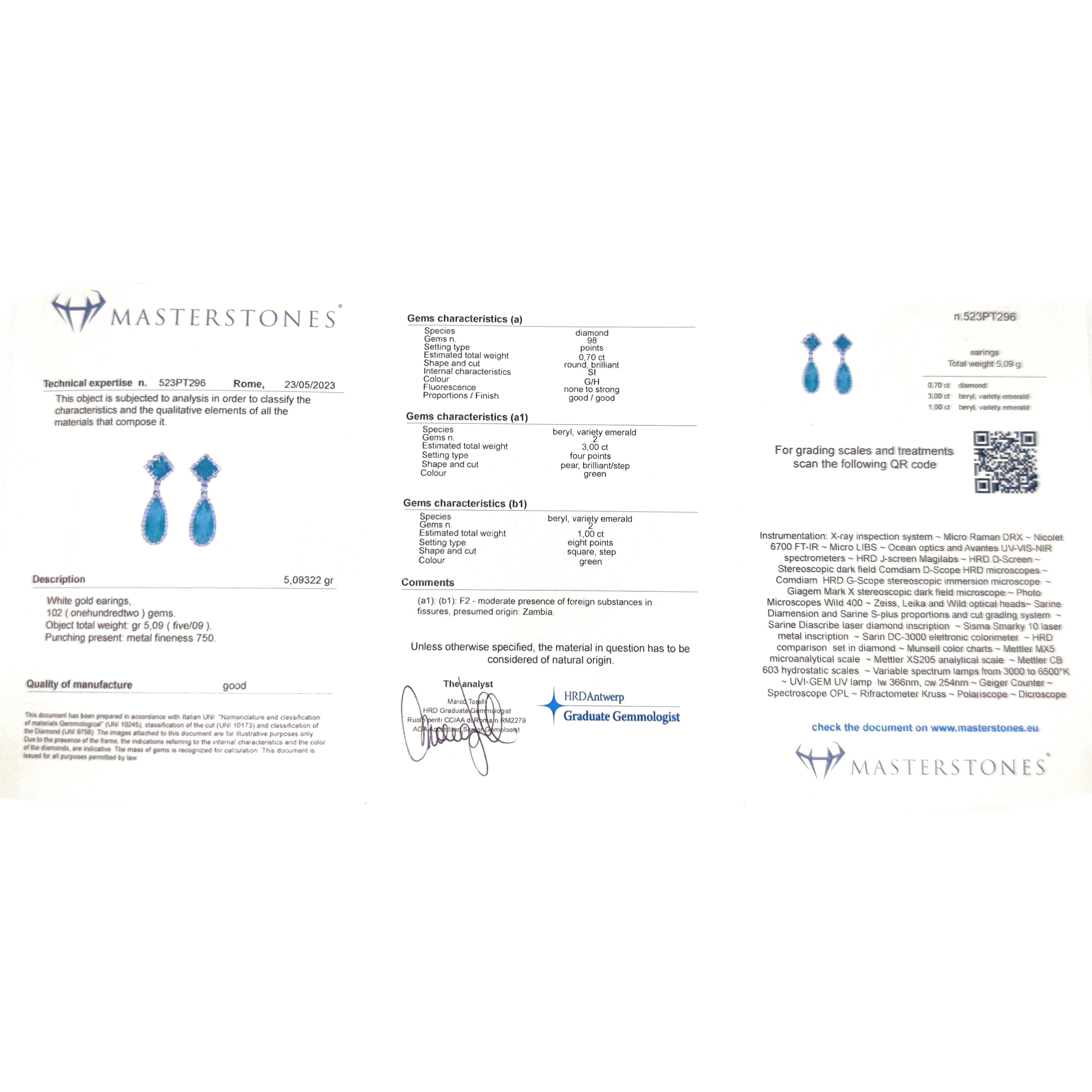 Orecchini - 18 carati Oro bianco - 0.70ct. tw. Diamante (Naturale) - Smeraldo