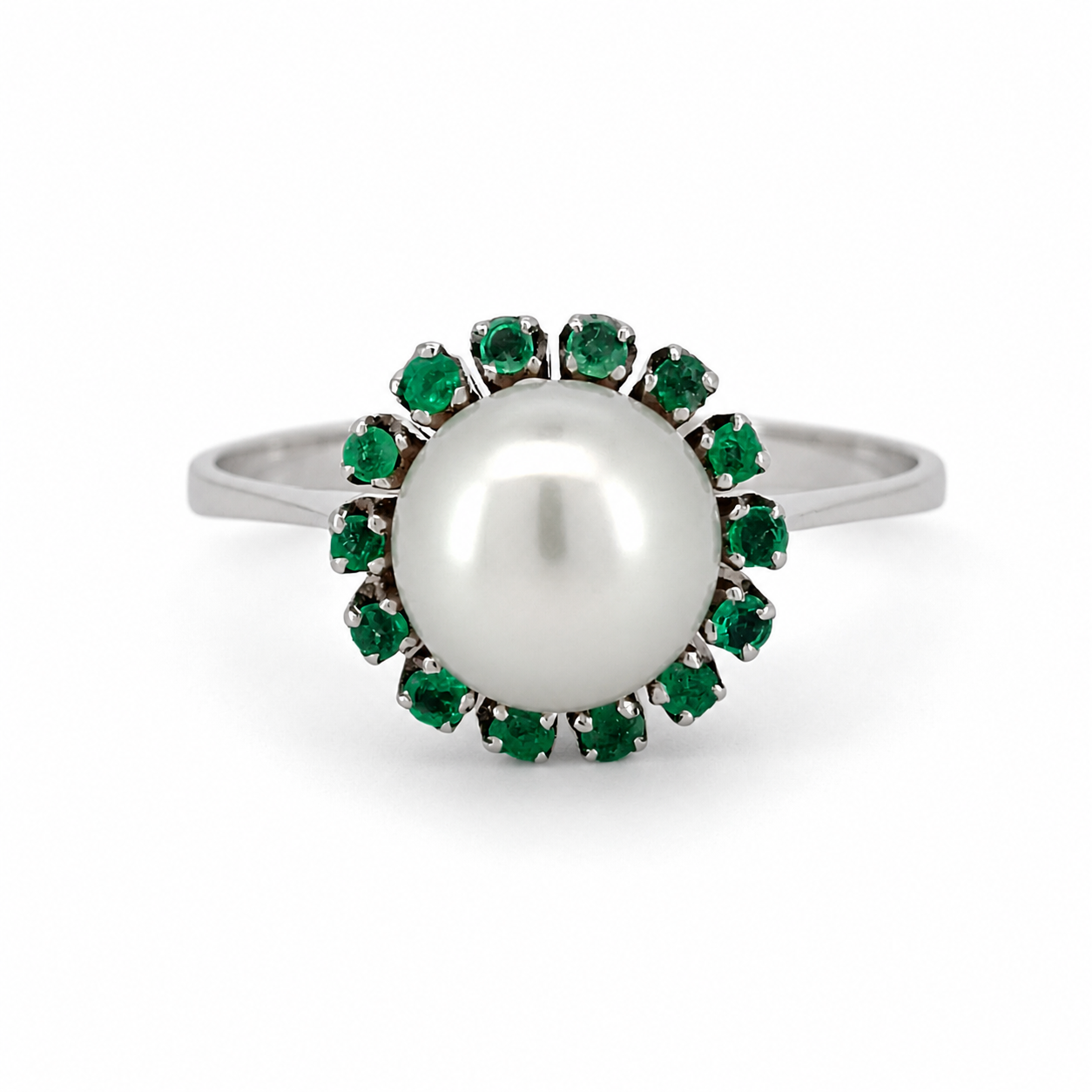 Anello - 18 carati Oro bianco - 0.21ct. tw. Smeraldo - Perla - Made in Italy - Handmade