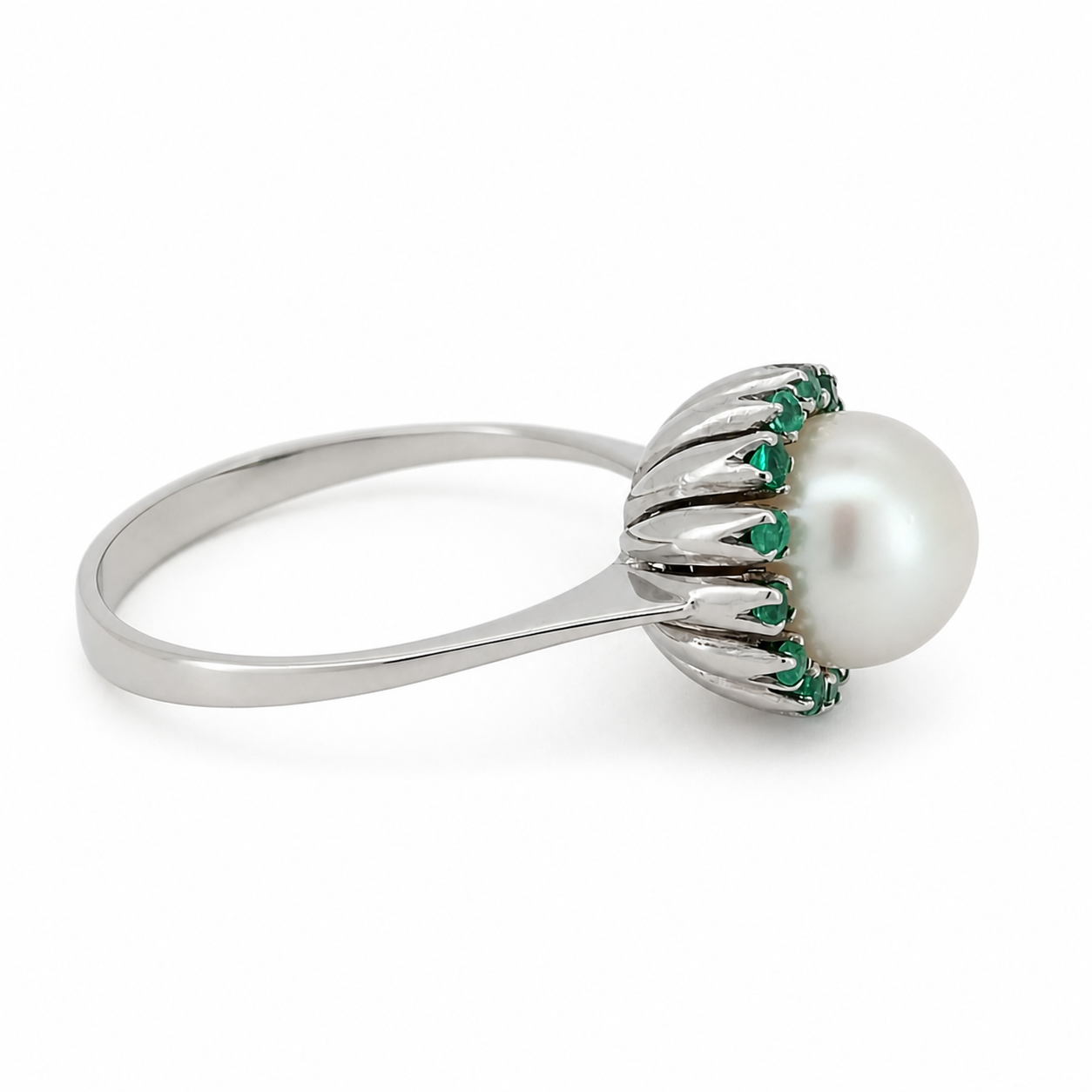 Anello - 18 carati Oro bianco - 0.21ct. tw. Smeraldo - Perla - Made in Italy - Handmade
