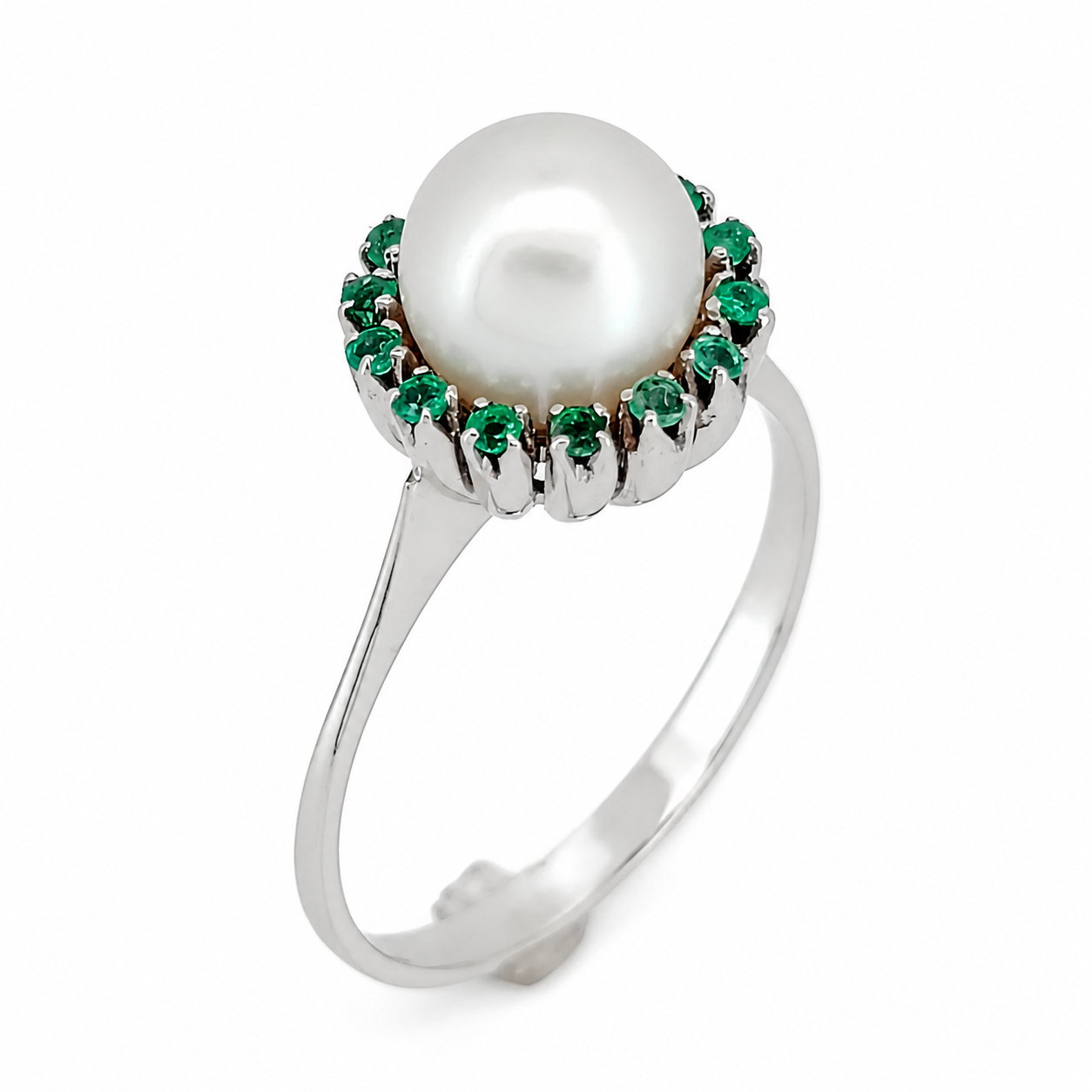 Anello - 18 carati Oro bianco - 0.21ct. tw. Smeraldo - Perla - Made in Italy - Handmade
