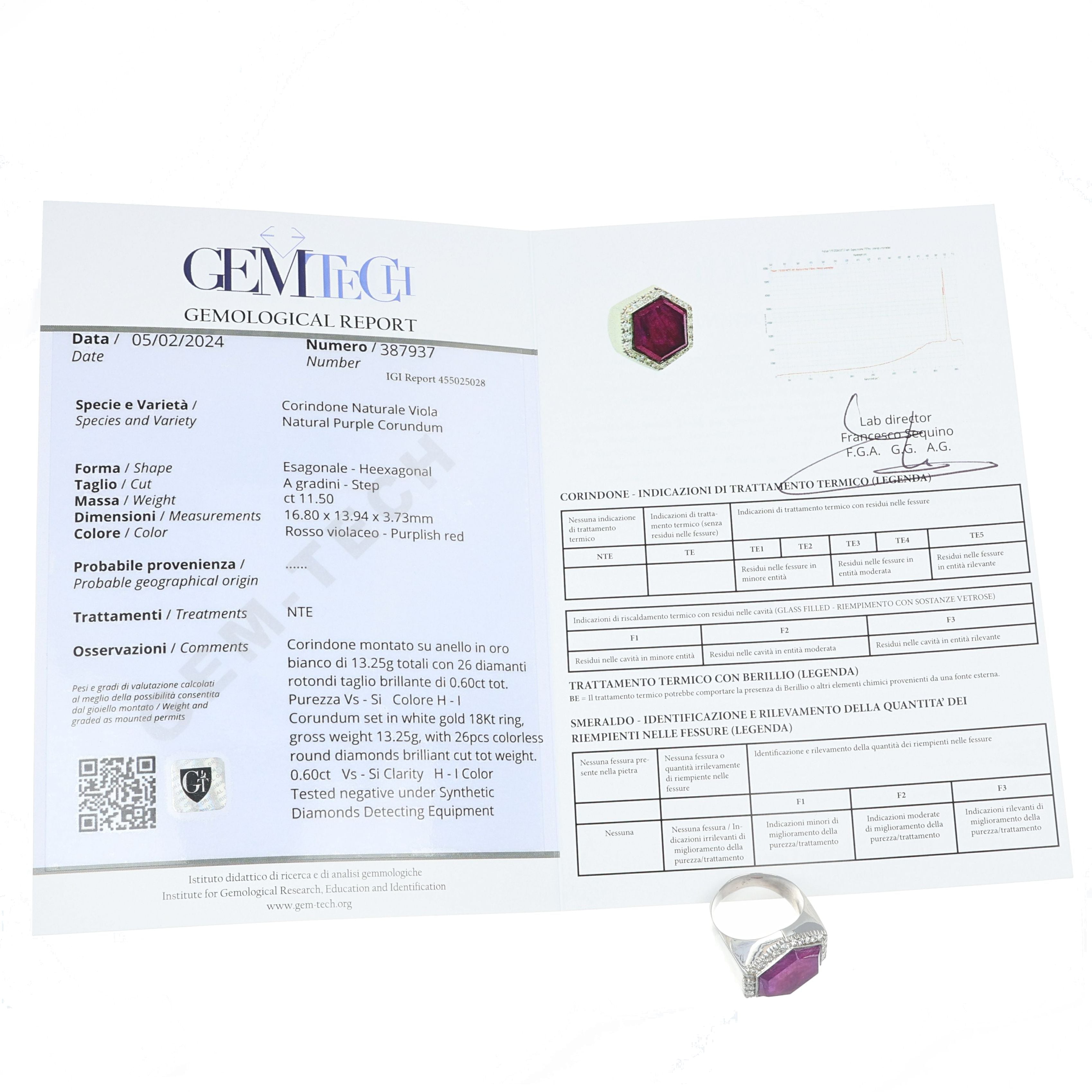 Anello - 18 carati Oro bianco, Corindone viola 11.50 Ct - 12.10ct. tw. - Diamante