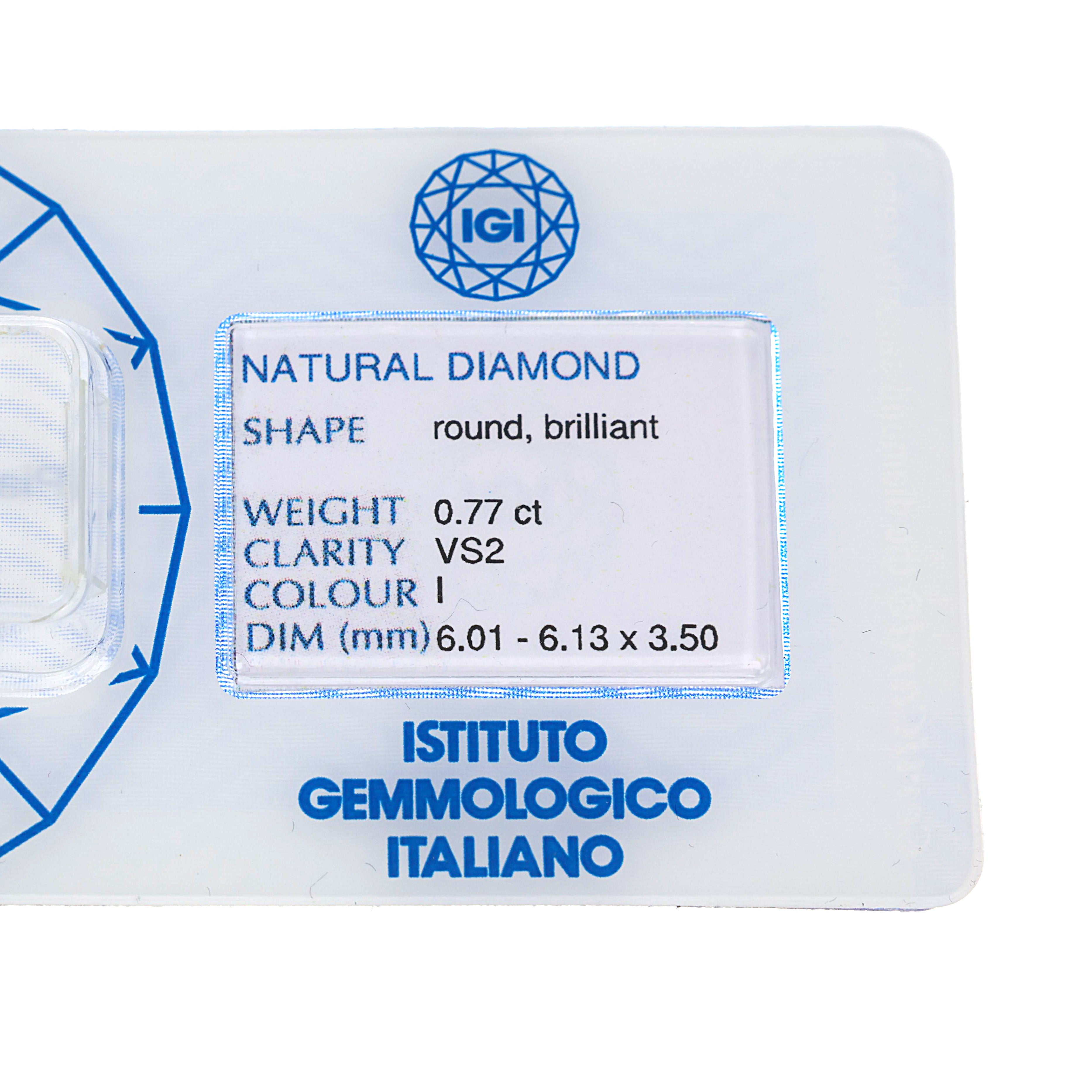 Diamante (Naturale) - 0.77 ct - Rotondo - I - VS2 - Istituto Gemmologico Italiano (IGI)