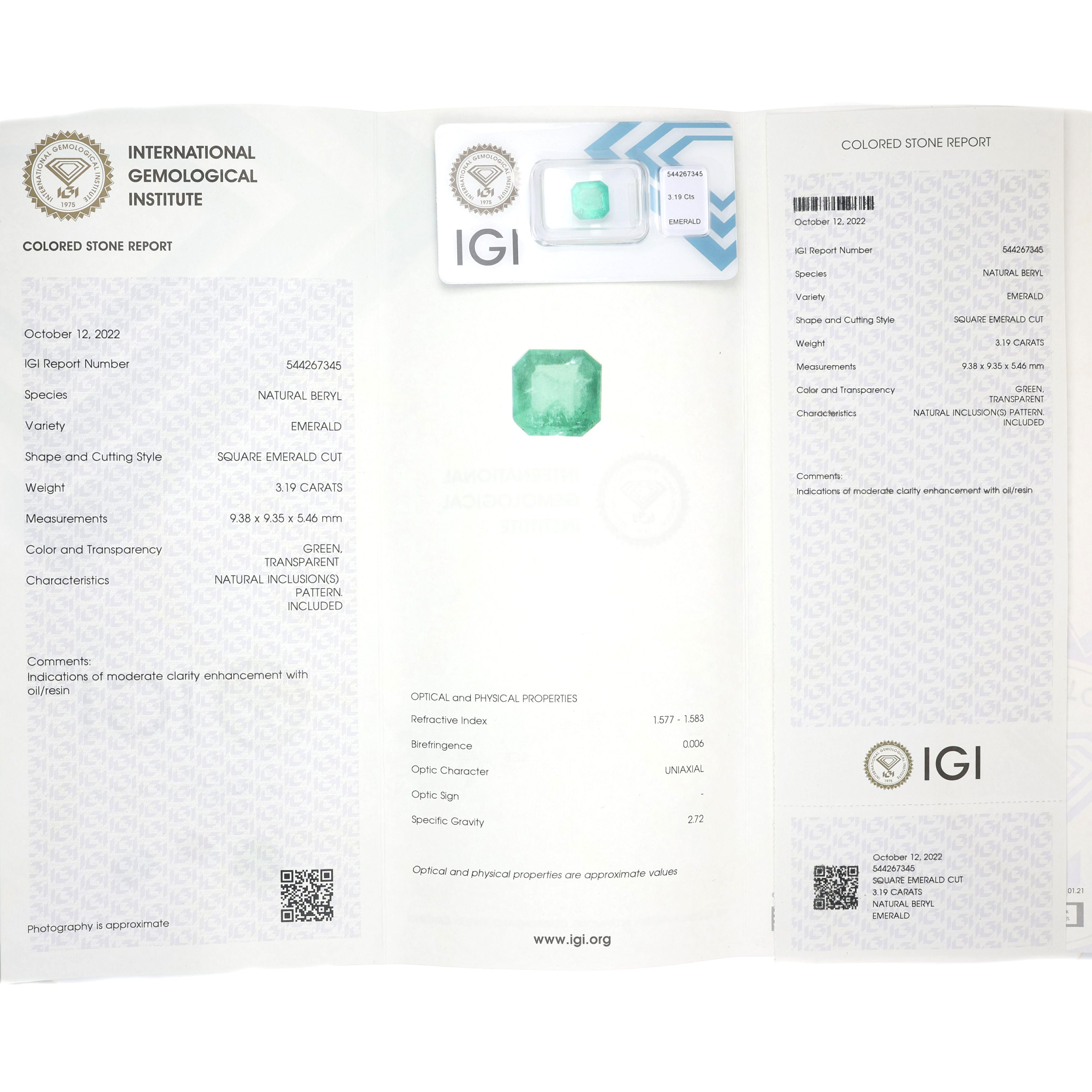 1 pcs Verde Smeraldo - 3.19 ct - Istituto Gemmologico Italiano (IGI)