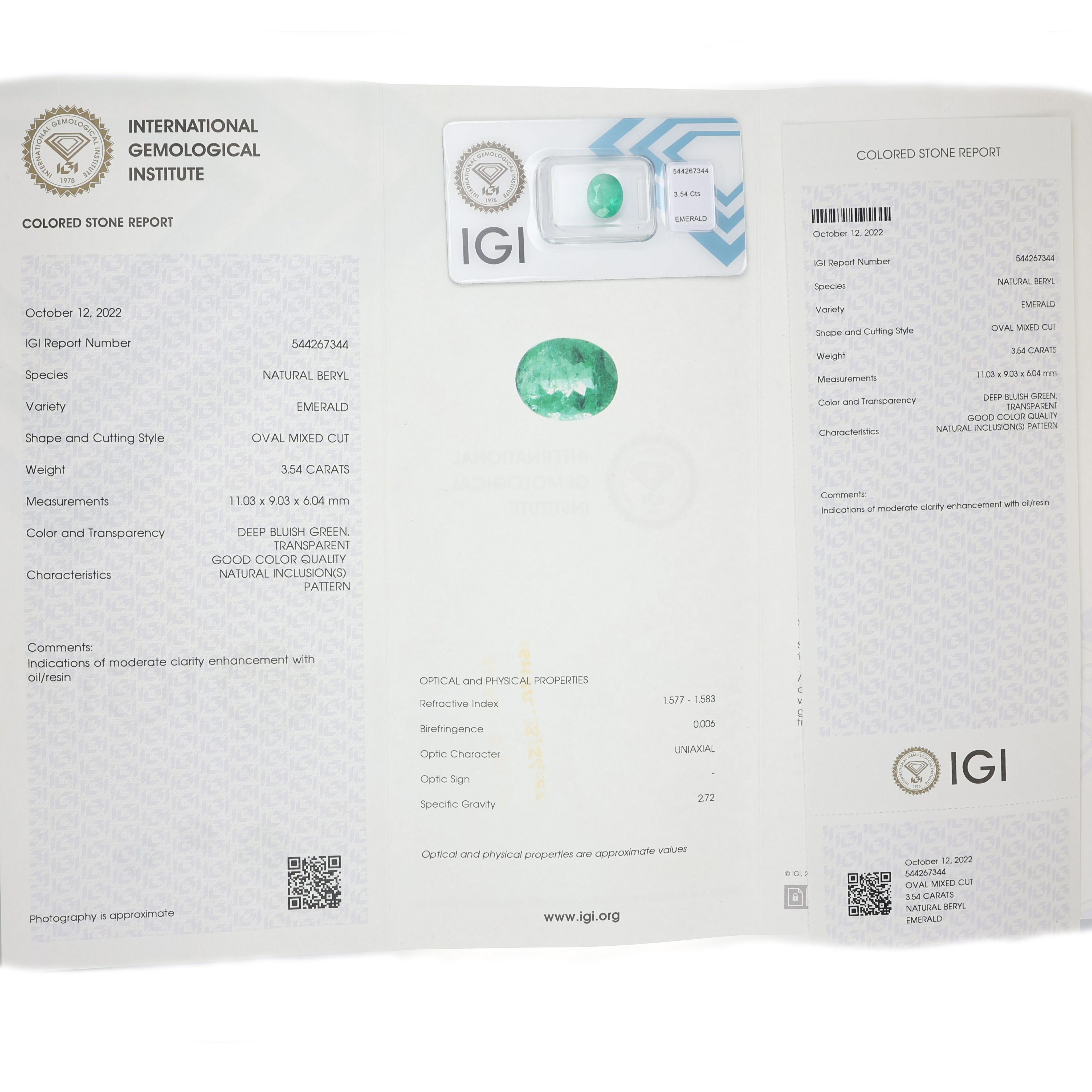 1 pcs Verde Smeraldo - 3.54 ct - Istituto Gemmologico Italiano (IGI)