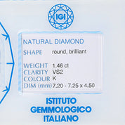 Diamante (Naturale) - 1.46 ct - Rotondo - K - VS2 - Istituto Gemmologico Italiano (IGI)